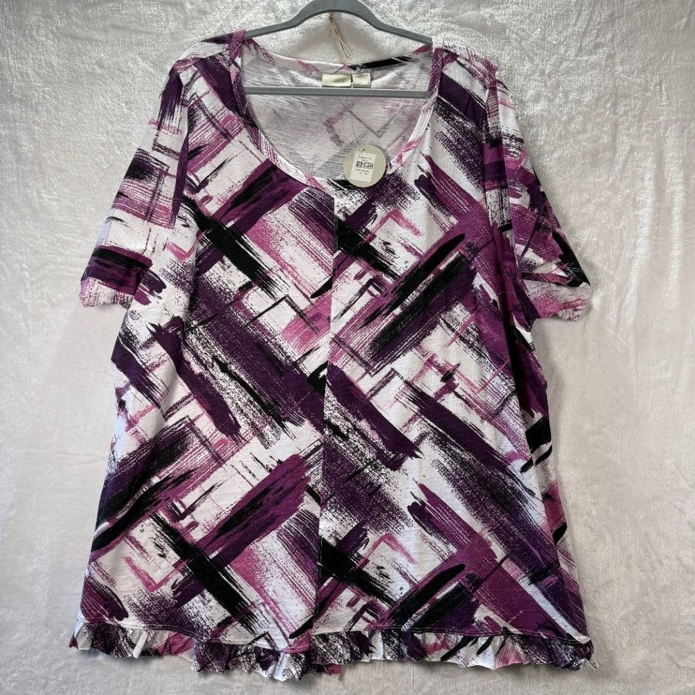 Zim & Zoe Womens 26/28 Purple Abstract Ruffle Hem Top NWT Plus Size Cotton